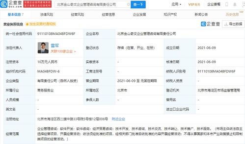 雷軍獨資設立金山奇文企業管理咨詢公司，全資持股引發市場關注